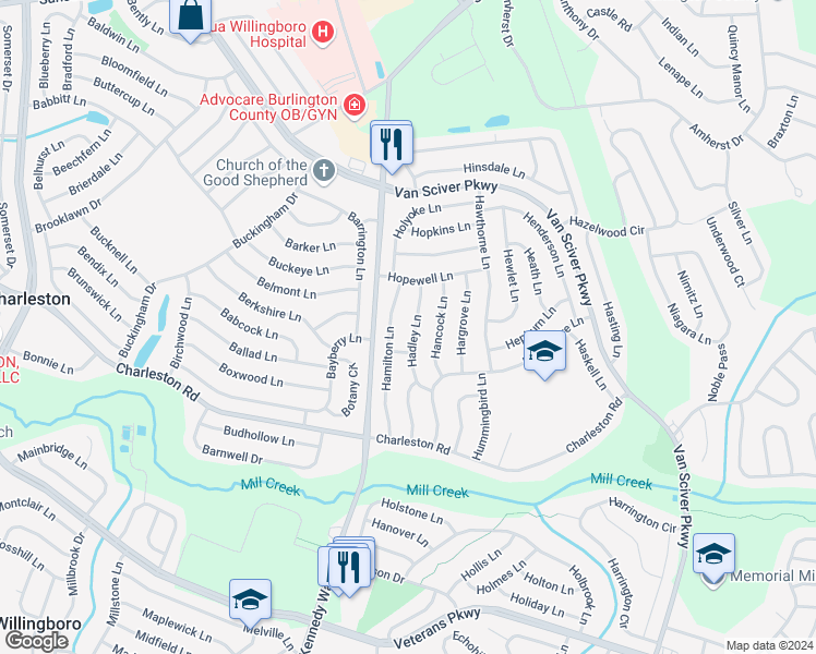 map of restaurants, bars, coffee shops, grocery stores, and more near 39 Hadley Lane in Willingboro