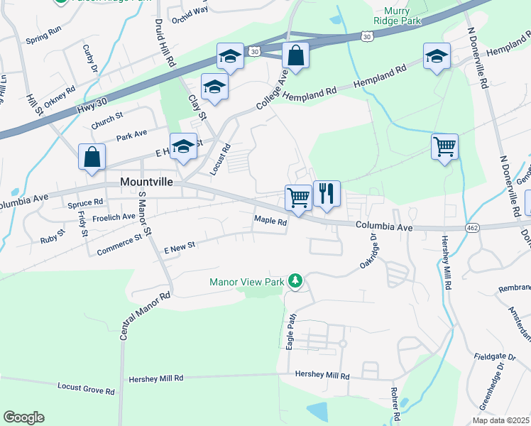 map of restaurants, bars, coffee shops, grocery stores, and more near 216 East Main Street in Mountville