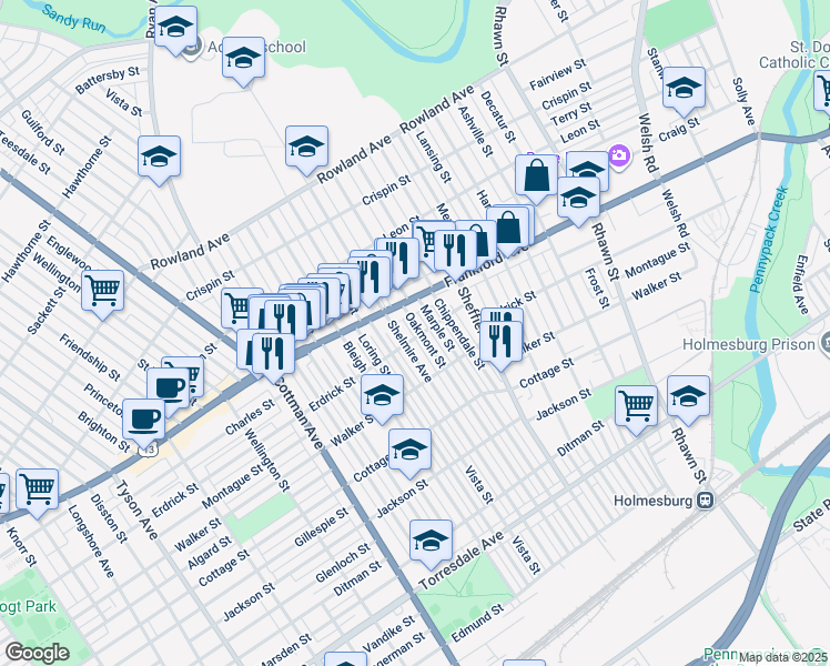 map of restaurants, bars, coffee shops, grocery stores, and more near 4030 Oakmont Street in Philadelphia