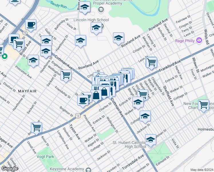 map of restaurants, bars, coffee shops, grocery stores, and more near 3523 Ryan Avenue in Philadelphia