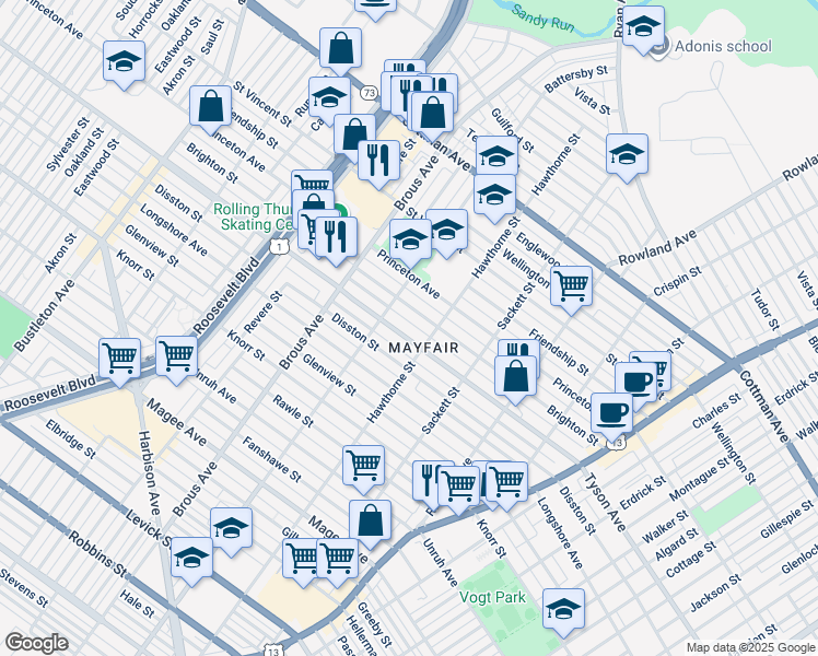 map of restaurants, bars, coffee shops, grocery stores, and more near 3023 Tyson Avenue in Philadelphia