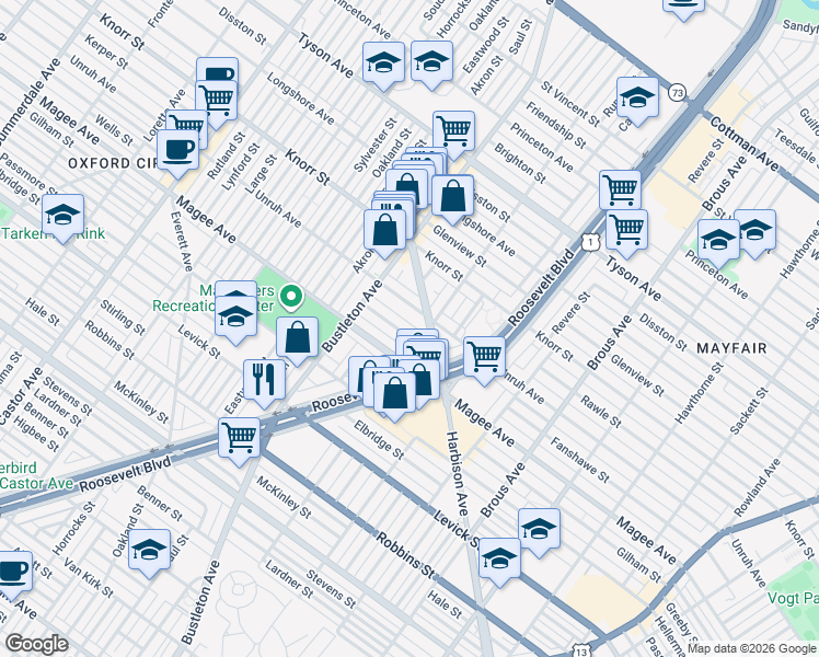 map of restaurants, bars, coffee shops, grocery stores, and more near 2141 Fanshawe Street in Philadelphia