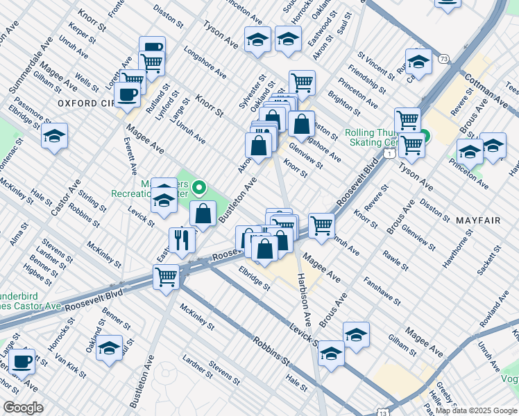 map of restaurants, bars, coffee shops, grocery stores, and more near 2134 Fanshawe Street in Philadelphia