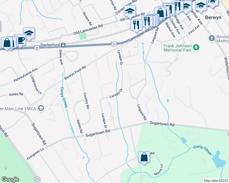 map of restaurants, bars, coffee shops, grocery stores, and more near 238 Lenape Drive in Berwyn