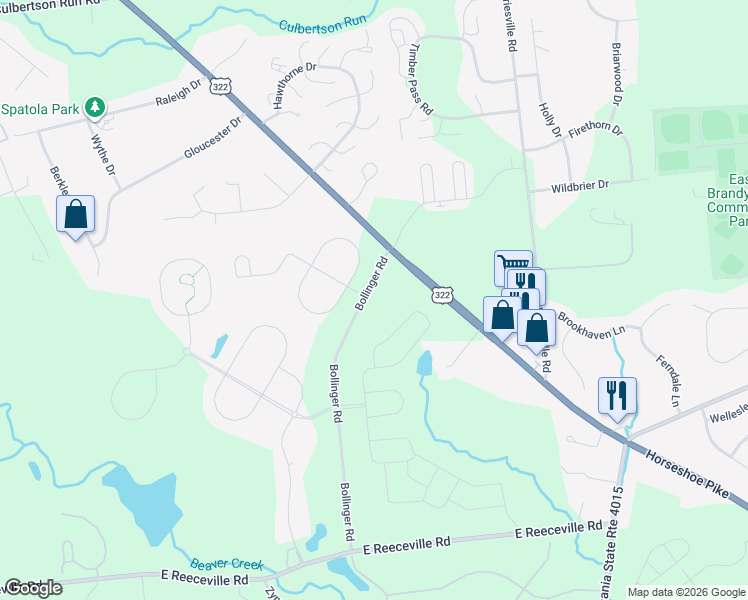 map of restaurants, bars, coffee shops, grocery stores, and more near 141 Bollinger Road in Downingtown