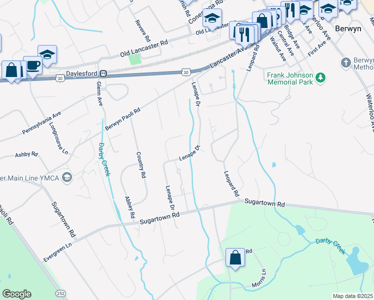 map of restaurants, bars, coffee shops, grocery stores, and more near 238 Lenape Drive in Berwyn