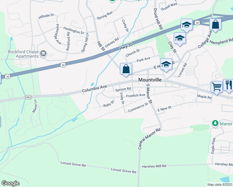map of restaurants, bars, coffee shops, grocery stores, and more near 205 Froelich Avenue in Mountville