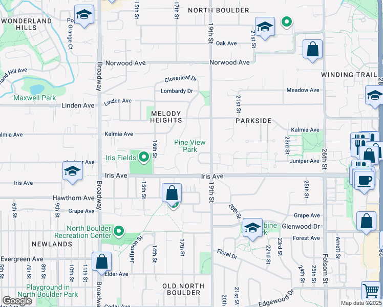 map of restaurants, bars, coffee shops, grocery stores, and more near 3495 17th Street in Boulder