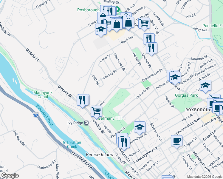 map of restaurants, bars, coffee shops, grocery stores, and more near 240 Parker Avenue in Philadelphia