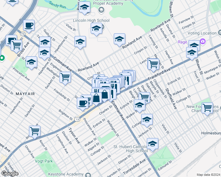 map of restaurants, bars, coffee shops, grocery stores, and more near 3530 Aldine Street in Philadelphia