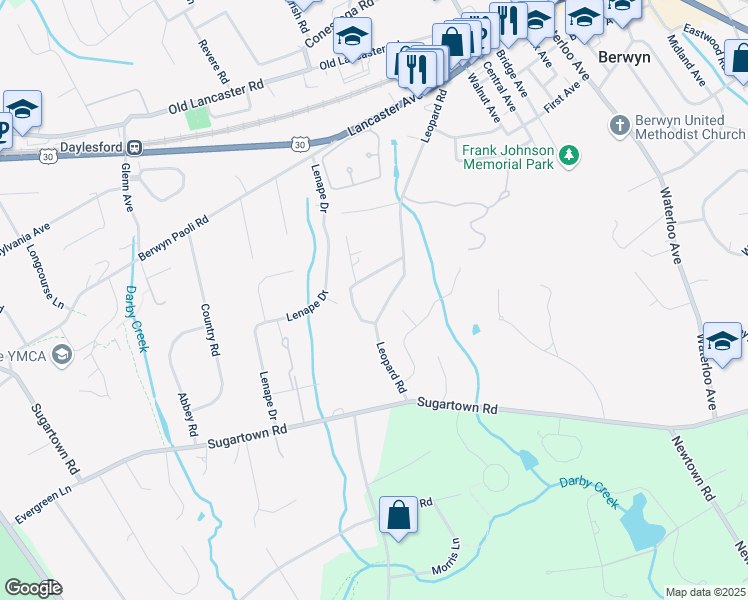 map of restaurants, bars, coffee shops, grocery stores, and more near 260 Leopard Road in Berwyn