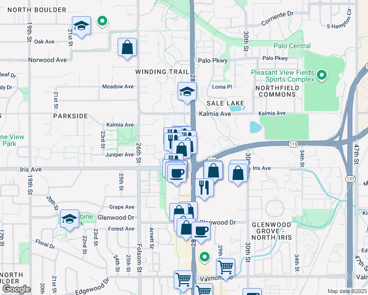 map of restaurants, bars, coffee shops, grocery stores, and more near 3478 28th Street in Boulder