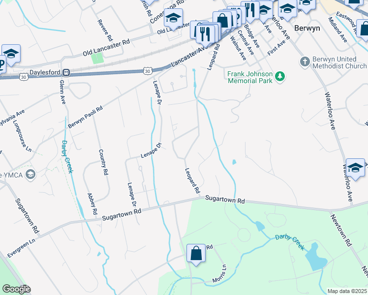 map of restaurants, bars, coffee shops, grocery stores, and more near 260 Leopard Road in Berwyn