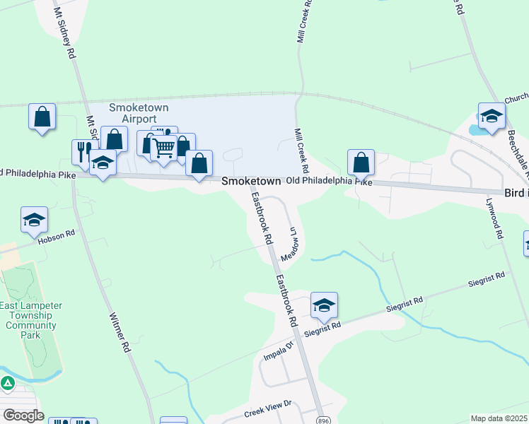map of restaurants, bars, coffee shops, grocery stores, and more near 191 Eastbrook Road in Smoketown