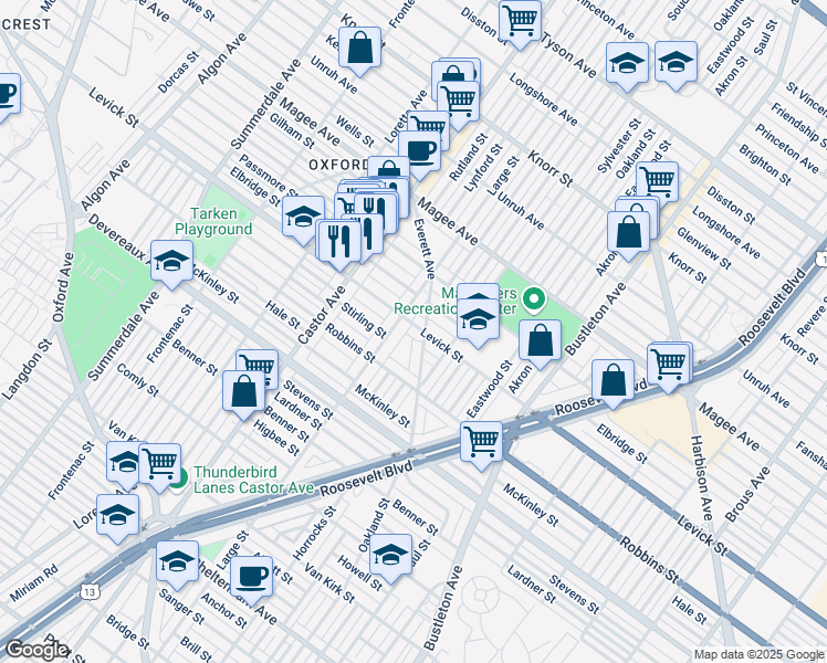 map of restaurants, bars, coffee shops, grocery stores, and more near 1516 Levick Street in Philadelphia