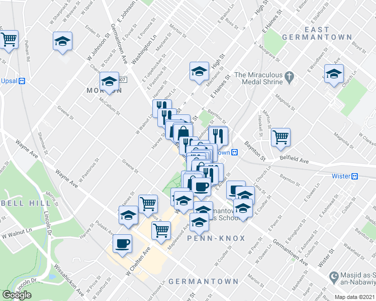 map of restaurants, bars, coffee shops, grocery stores, and more near 15 East Rittenhouse Street in Philadelphia