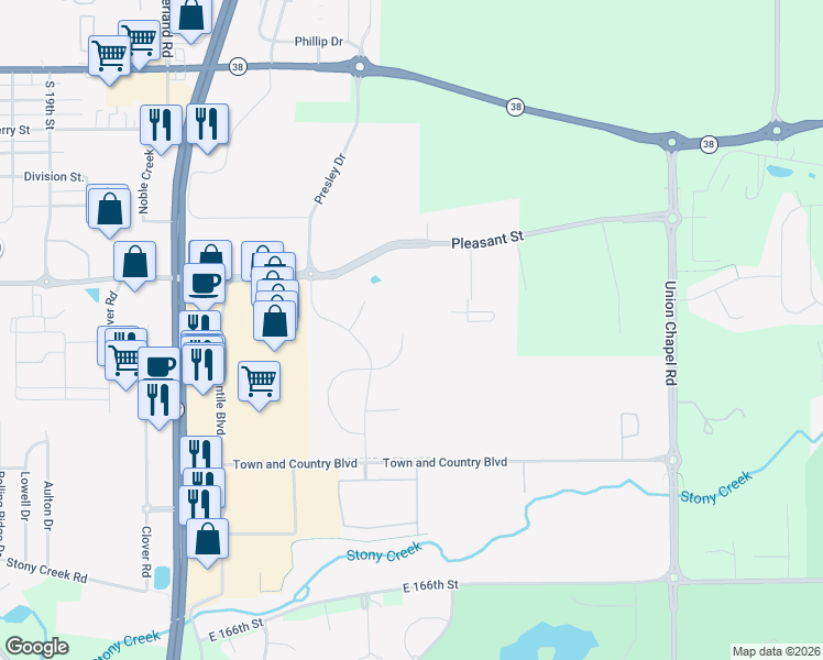 map of restaurants, bars, coffee shops, grocery stores, and more near 10193 Adler Court in Noblesville