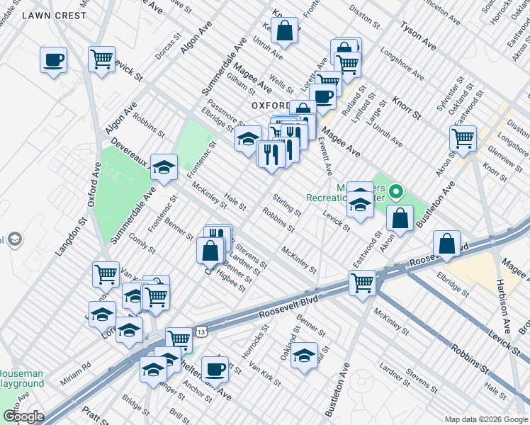 map of restaurants, bars, coffee shops, grocery stores, and more near Robbins Ave in Philadelphia