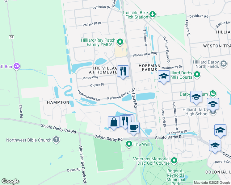 map of restaurants, bars, coffee shops, grocery stores, and more near 4286 Creekbend Drive in Hilliard
