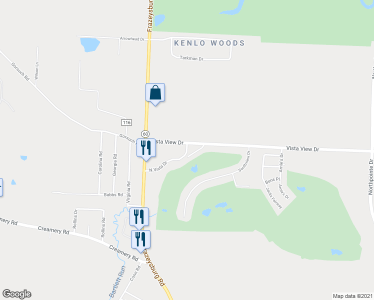 map of restaurants, bars, coffee shops, grocery stores, and more near 2817 North Vista Drive in Nashport