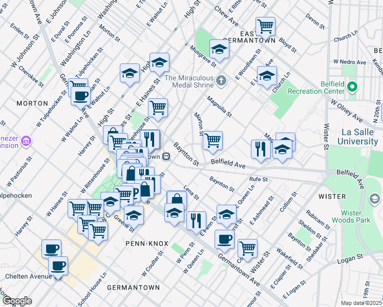 map of restaurants, bars, coffee shops, grocery stores, and more near 5548 Heiskell Street in Philadelphia