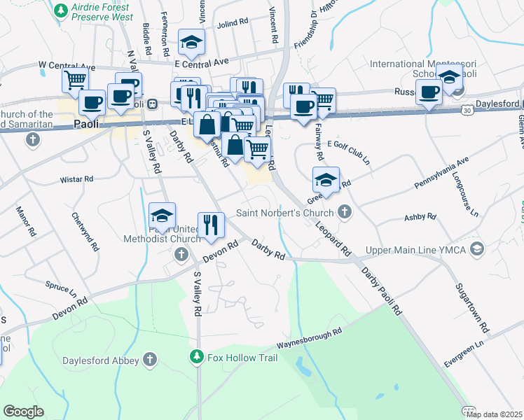 map of restaurants, bars, coffee shops, grocery stores, and more near 356 Paoli Woods Drive in Paoli