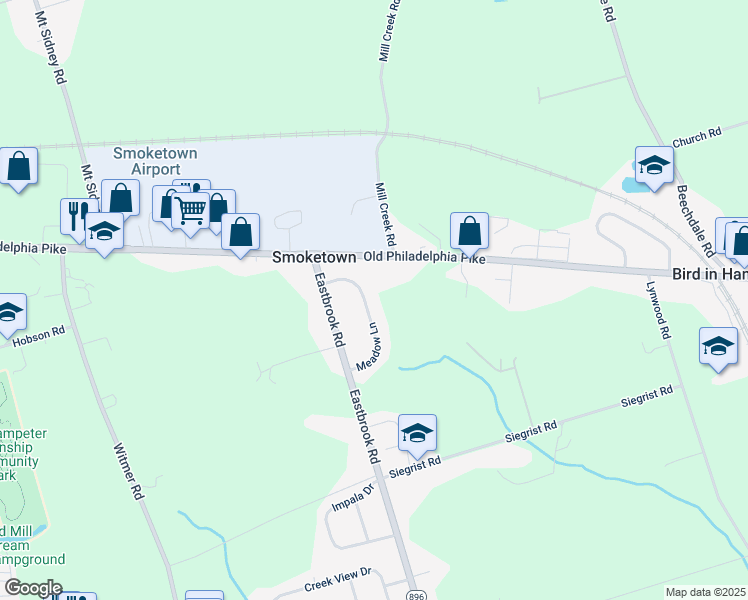 map of restaurants, bars, coffee shops, grocery stores, and more near 38 Meadow Lane in Smoketown