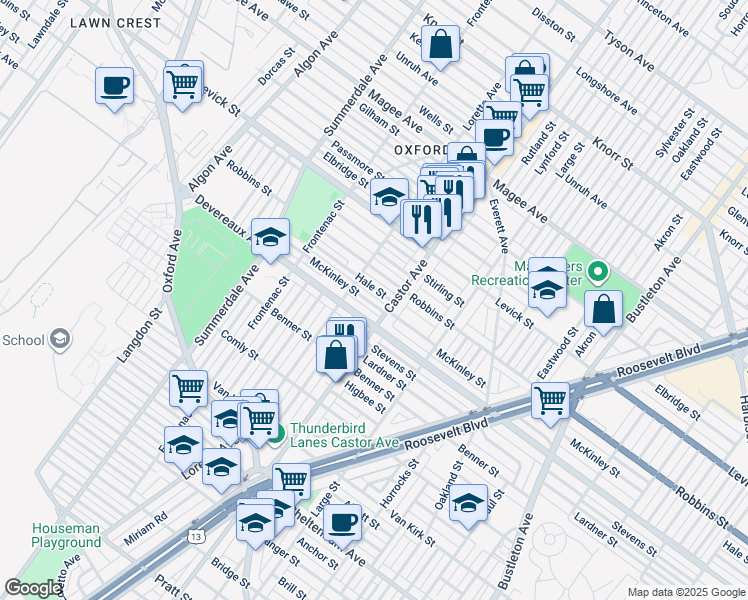 map of restaurants, bars, coffee shops, grocery stores, and more near 1327 McKinley Street in Philadelphia