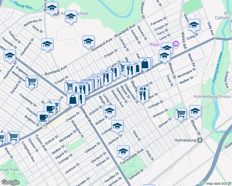 map of restaurants, bars, coffee shops, grocery stores, and more near 4027 Shelmire Avenue in Philadelphia