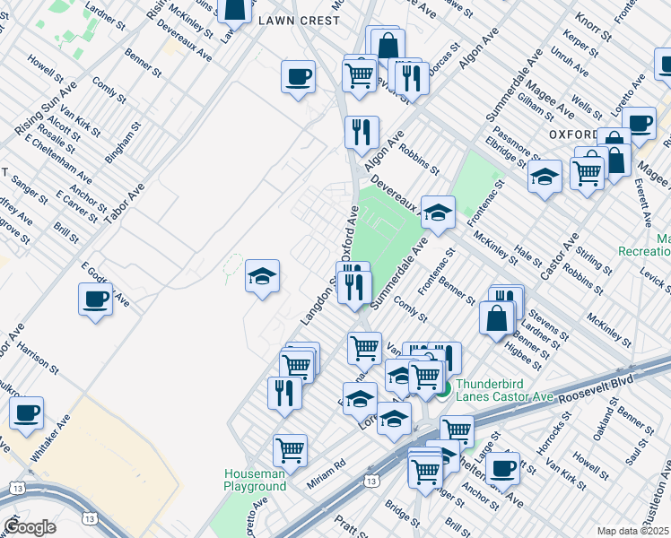 map of restaurants, bars, coffee shops, grocery stores, and more near 5918 Langdon Street in Philadelphia