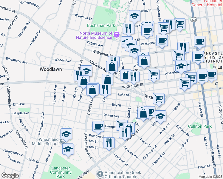 map of restaurants, bars, coffee shops, grocery stores, and more near 720 Columbia Avenue in Lancaster