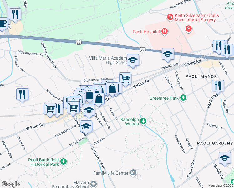 map of restaurants, bars, coffee shops, grocery stores, and more near 335 East King Street in Malvern