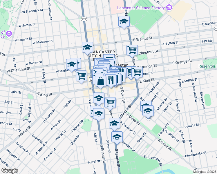 map of restaurants, bars, coffee shops, grocery stores, and more near in Lancaster