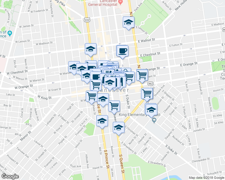 map of restaurants, bars, coffee shops, grocery stores, and more near BicyclePA Route S in Lancaster