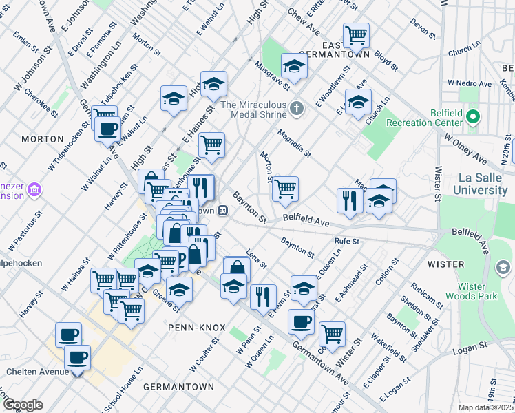 map of restaurants, bars, coffee shops, grocery stores, and more near 5548 Heiskell Street in Philadelphia