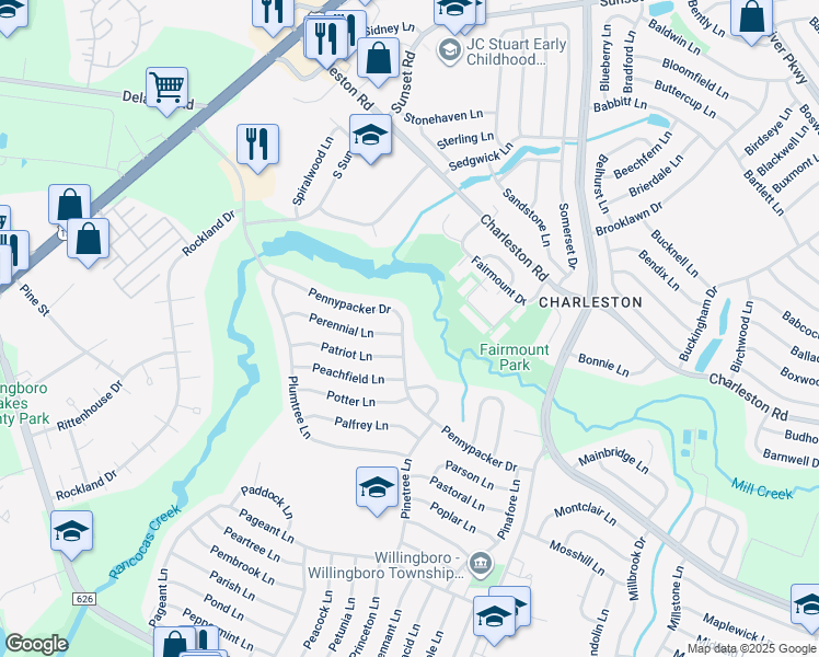 map of restaurants, bars, coffee shops, grocery stores, and more near 110 Pennypacker Drive in Willingboro