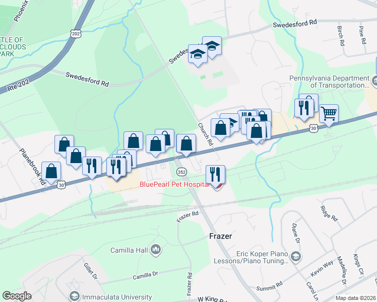 map of restaurants, bars, coffee shops, grocery stores, and more near 10 Eagle Ln in Malvern