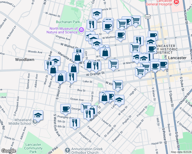 map of restaurants, bars, coffee shops, grocery stores, and more near 640 Marietta Avenue in Lancaster