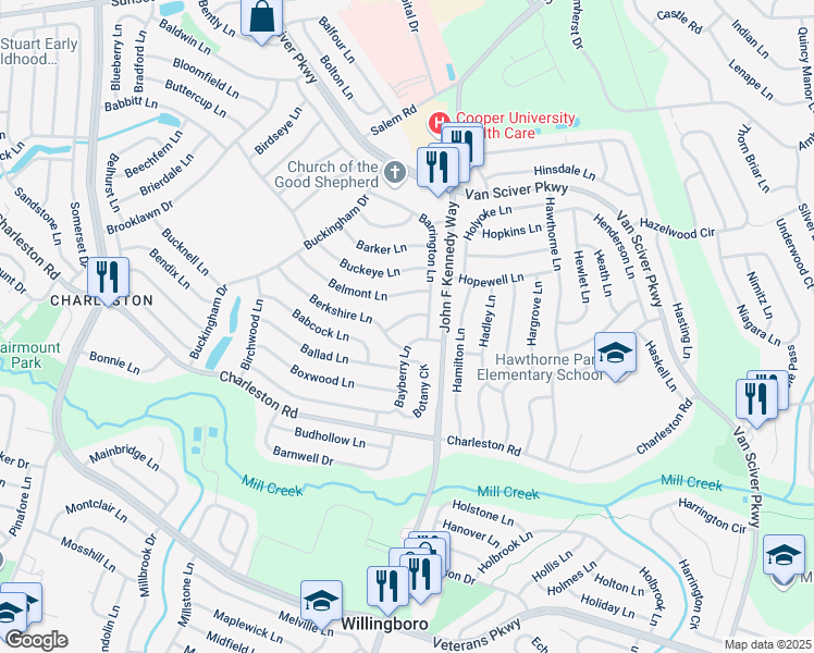 map of restaurants, bars, coffee shops, grocery stores, and more near 10 Burgess Lane in Willingboro