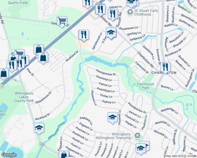 map of restaurants, bars, coffee shops, grocery stores, and more near 20 Perennial Lane in Willingboro