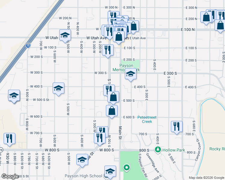 map of restaurants, bars, coffee shops, grocery stores, and more near 450 South 100 West in Payson