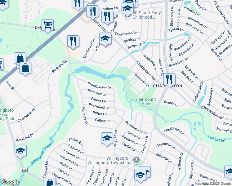 map of restaurants, bars, coffee shops, grocery stores, and more near 110 Pennypacker Drive in Willingboro
