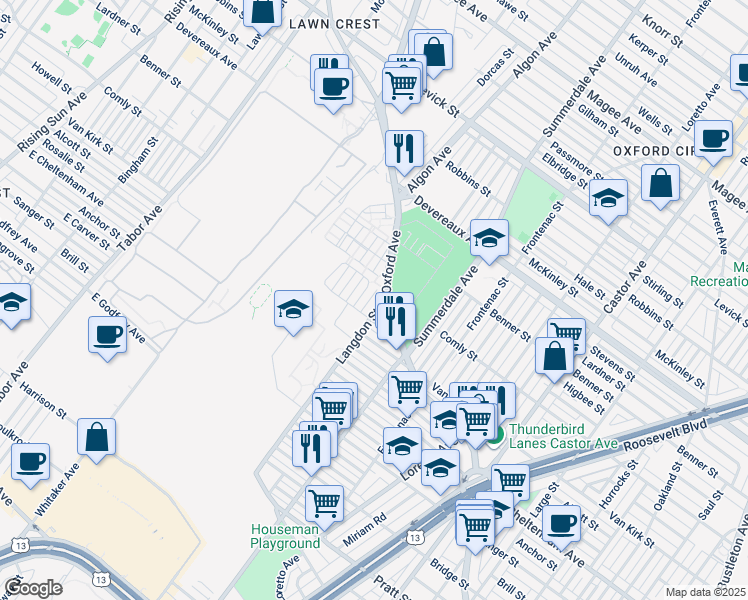 map of restaurants, bars, coffee shops, grocery stores, and more near 5918 Langdon Street in Philadelphia