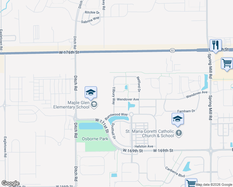 map of restaurants, bars, coffee shops, grocery stores, and more near 1055 Swinton Way in Westfield