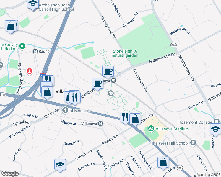 map of restaurants, bars, coffee shops, grocery stores, and more near 800 East Lancaster Avenue in Villanova