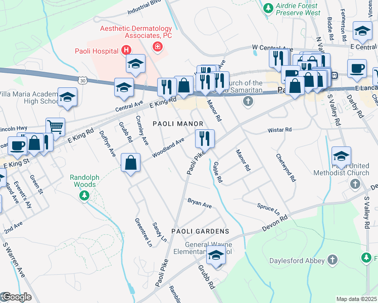 map of restaurants, bars, coffee shops, grocery stores, and more near 9 Frazer Avenue in Malvern