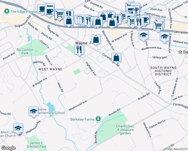 map of restaurants, bars, coffee shops, grocery stores, and more near 254 Highland Avenue in Wayne
