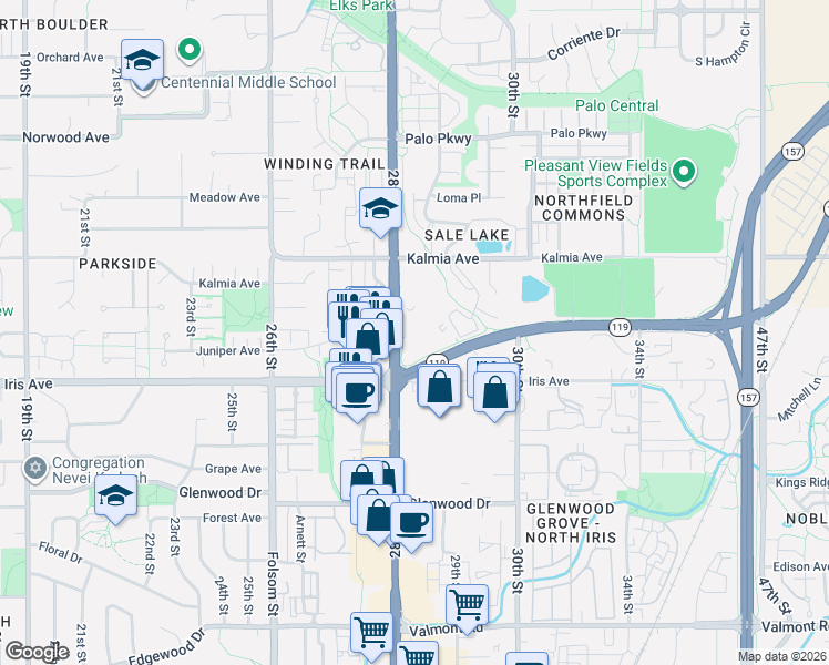map of restaurants, bars, coffee shops, grocery stores, and more near 2800 Kalmia Avenue in Boulder