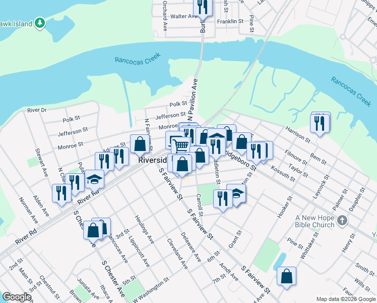 map of restaurants, bars, coffee shops, grocery stores, and more near 1 East Scott Street in Riverside