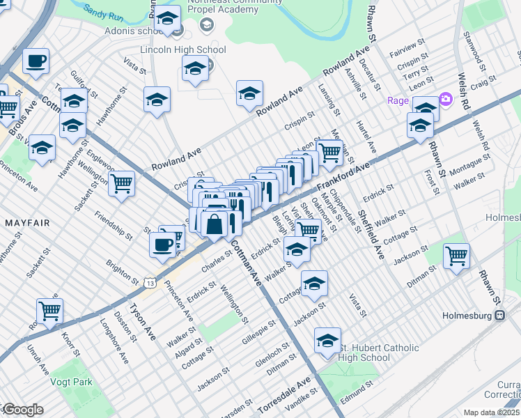 map of restaurants, bars, coffee shops, grocery stores, and more near 3551 Tudor Street in Philadelphia